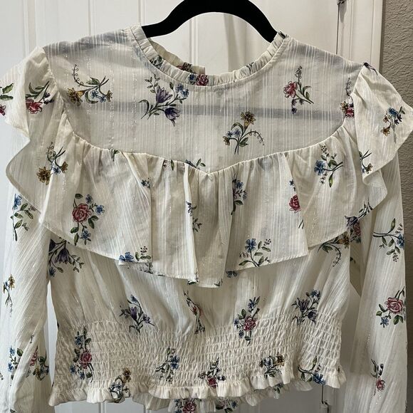 Zara Floral Cream Metallic Striped Long Sleeve Ruffle Crop Smocked Top Juniors L - Picture 2 of 11